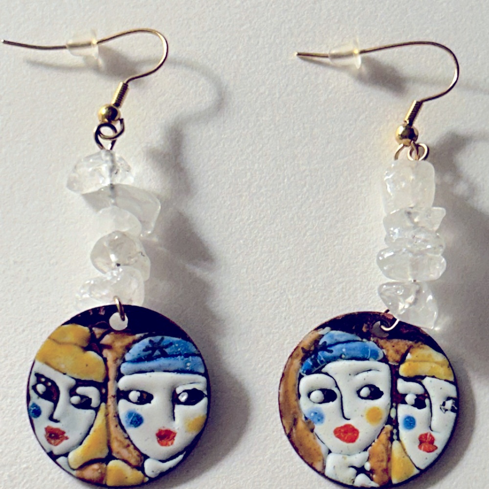 NWOT earrings Artisan Copper Enameled “Side-eye” faces, BFFs Quartz pierced 2.5”
